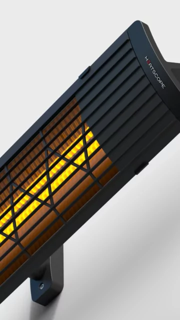 Heatscope Next 3000W Radiant Heater detail reveals slimline wall-mounted electric infrared outdoor heater body.