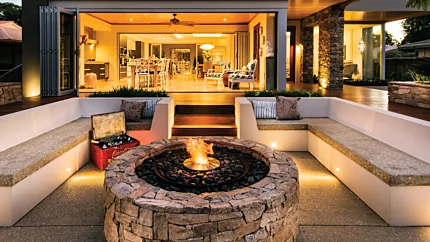 EcoSmart Fire AB8 Ethanol Burner elevates a residential outdoor patio at Oswald Down South Home with a ventless bioethanol fireplace.